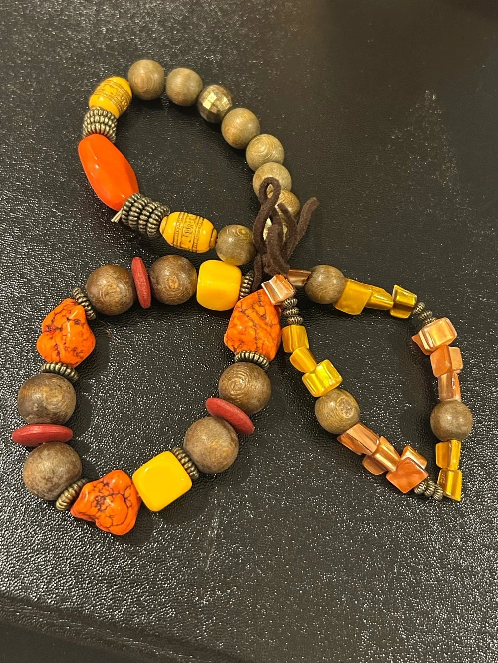 Boho Earth Tone Eclectic Mixed Bead 3-Piece Bracelet Set Orange Brown Yellow